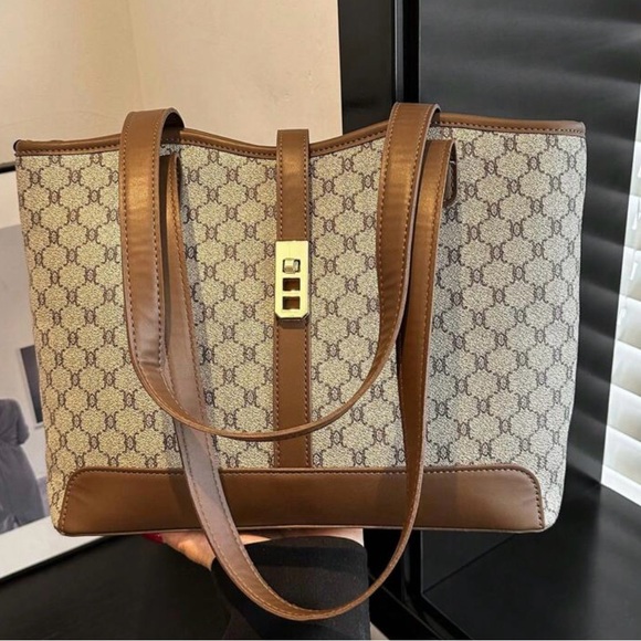 NWT Brown and Gray Patterned Tote Bag W/Gold Tone Hardware & Turn Lock 15 X 10 - Picture 8 of 14